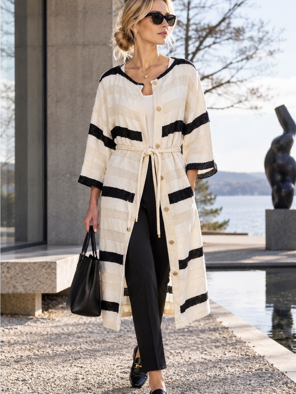 RODEBJER Striped Cream and Black Longline Snap Closure Cardigan/Tunic, S